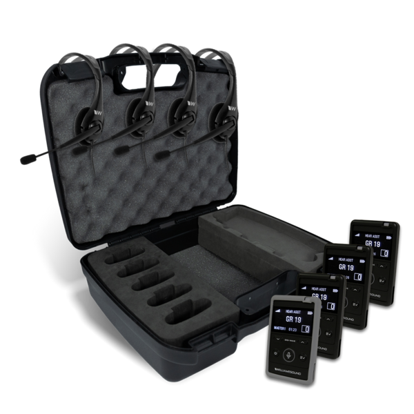 4-PERSON DIGI-WAVE WIRELESS INTERCOM SYSTEM KIT - (4) DLT 400 TRANSCEIVERS & HEADSETS MICS WITH CASE