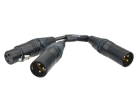 TWO-WAY INTERCOM LINE SPLITTER. ONE THREE-PIN FEMALE AND TWO THREE-PIN MALE XLR-TYPE CONNECTORS