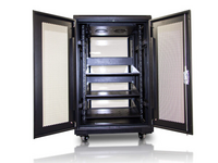 18RU FLOOR RACK ENCLOSURE: INCLUDES TEMPERED GLASS FRONT DOOR, DUAL VENTILATION FANS, 3X 2U SHLEVES
