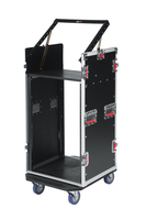 ATA WOOD FLIGHT POP-UP CONSOLE RACK CASE; 10U TOP; 16U BOTTOM; W/ CASTERS