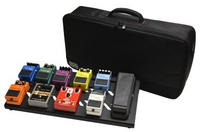 BLACK LARGE ALUMINUM PEDAL BOARD WITH GATOR CARRY BAG AND BOTTOM MOUNTING POWER SUPPLY BRACKET.