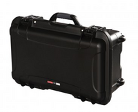 BLACK WATERPROOF INJECTION MOLDED CASE PULLOUT HANDLE AND INLINE WHEELS.