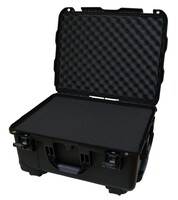 BLACK INJECTION MOLDED CASE WITH PULLOUT HANDLE, INLINE WHEELS, AND DICED FOAM