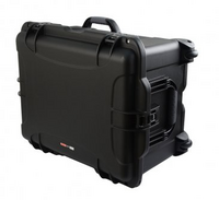 BLACK INJECTION MOLDED CASE, PULLOUT HANDLE, INLINE WHEELS, DICED FOAM. INT DIMS: 22" X 17" X 12.9"