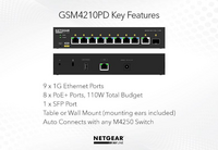 NETGEAR AV LINE M4250-9G1F-POE+ (GSM4210PD) - 8X1G POE+ 110W 1X1G AND 1XSFP MANAGED SWITCH